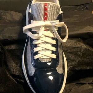 Prada America's Cup Vernice Bike Low Top Sneaker (Men) Navy Blue